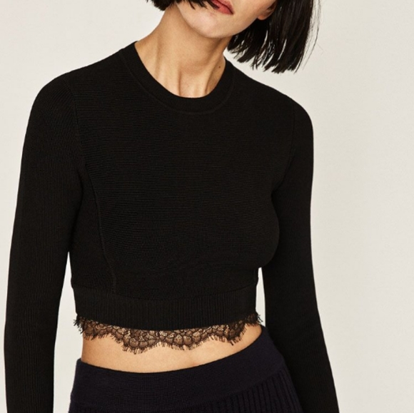Zara Tops - ZARA cropped S Black semi sheer top w lace